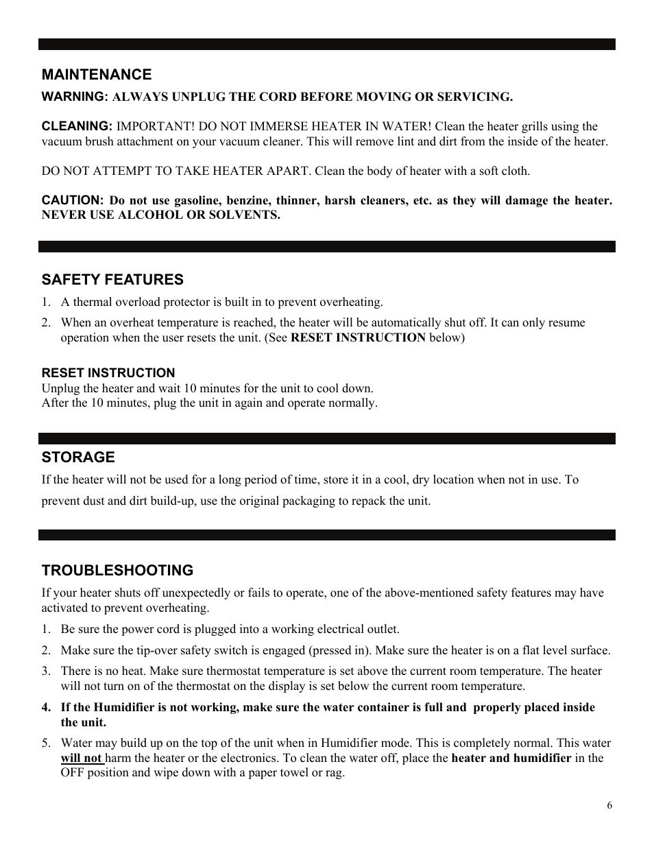 Safety features, Reset instruction, Storage | Troubleshooting | Soleus Air HC4-15-20 User Manual | Page 6 / 7