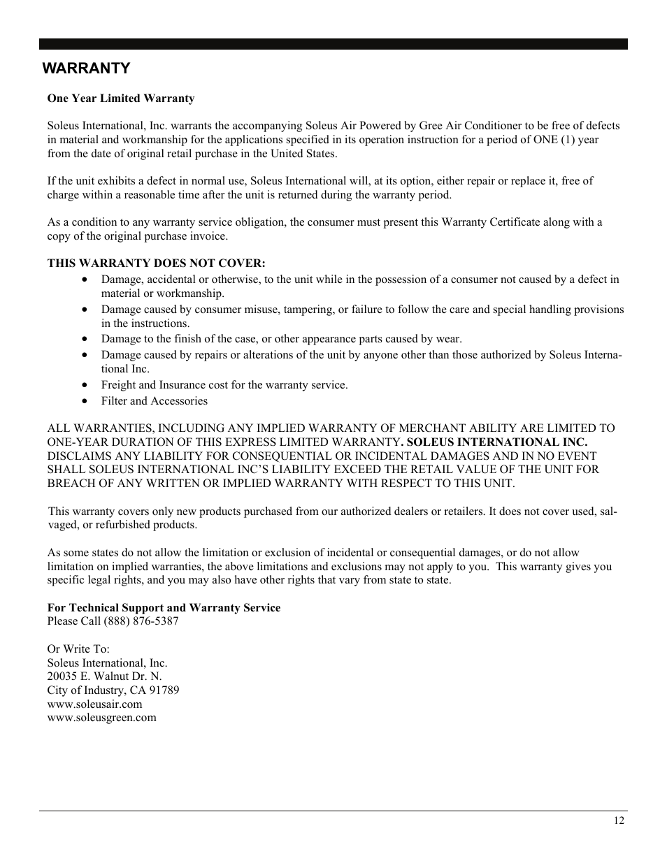 Warranty | SoleusAir SG-WAC-05SM User Manual | Page 12 / 12