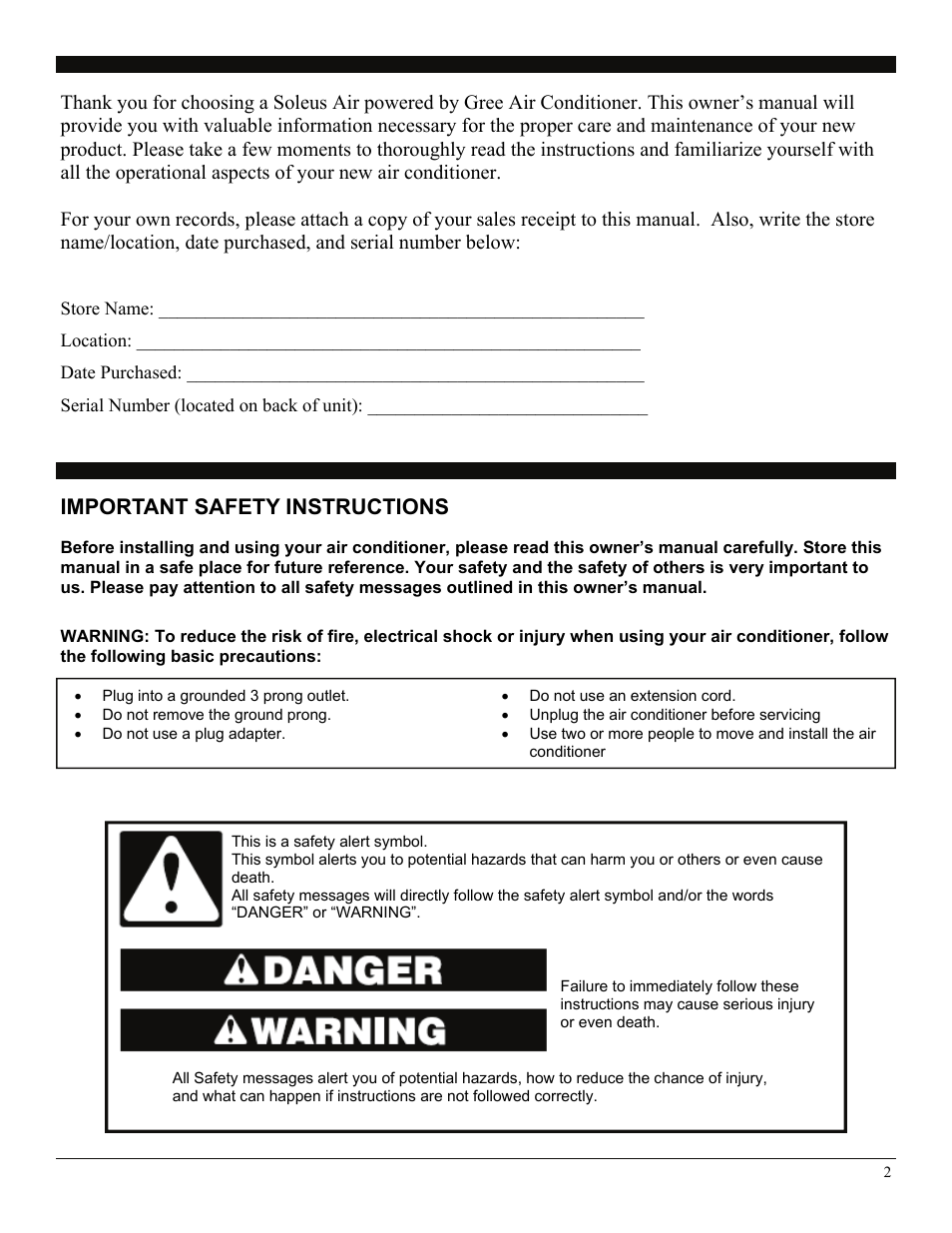 Important safety instructions | SoleusAir SG-WAC-05SM User Manual | Page 2 / 12