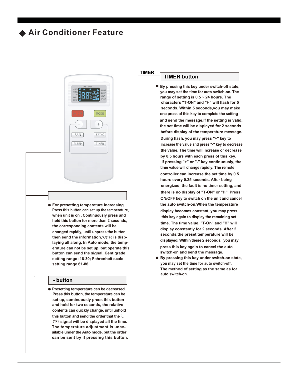 Air conditioner features(continued), Button, Timer button | Soleus Air SG-TTW-10HC User Manual | Page 9 / 18