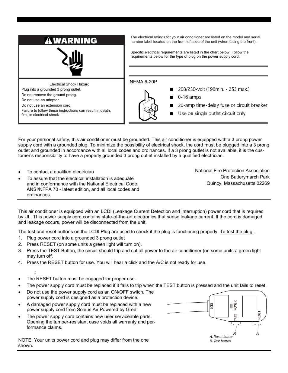 Electrical requirements | Soleus Air SG-WAC-25HCE User Manual | Page 3 / 20
