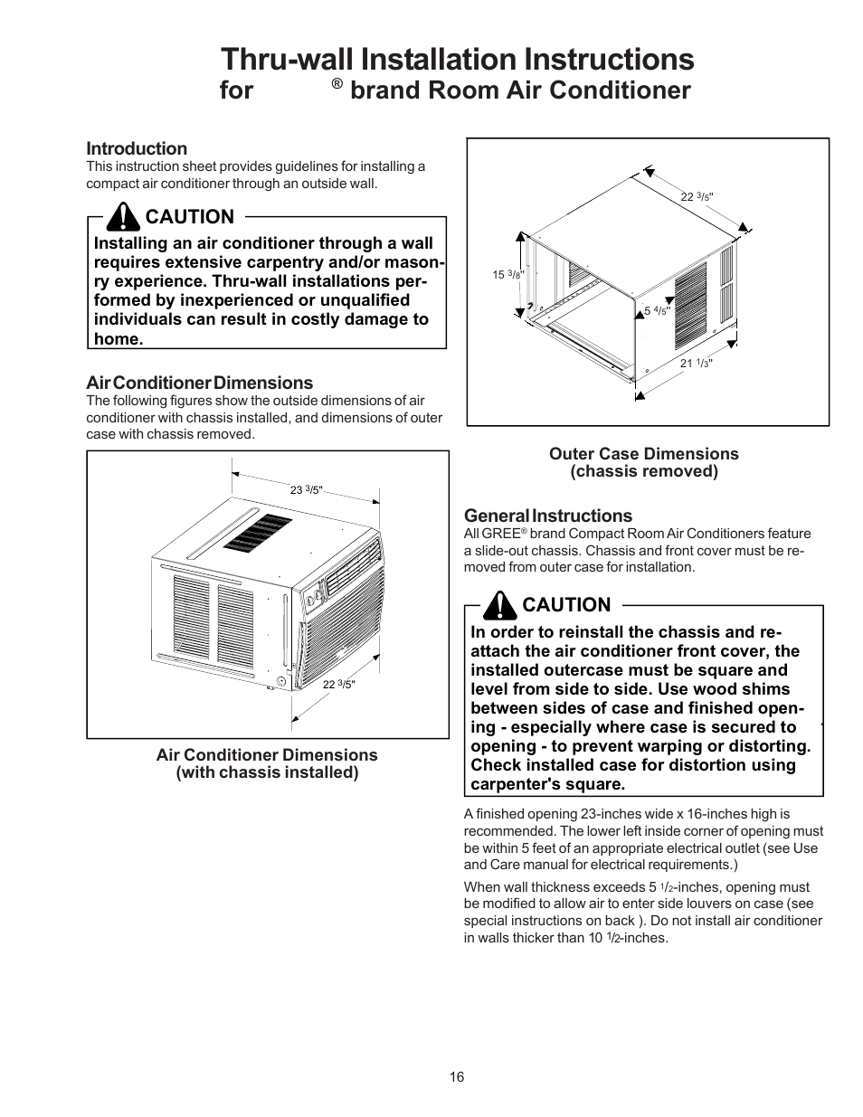 Thru-wall installation instructions, For gree, Brand room air conditioner | Caution, Introduction, Air conditioner dimensions, General instructions | Soleus Air KC-30H / KC-35H User Manual | Page 18 / 22