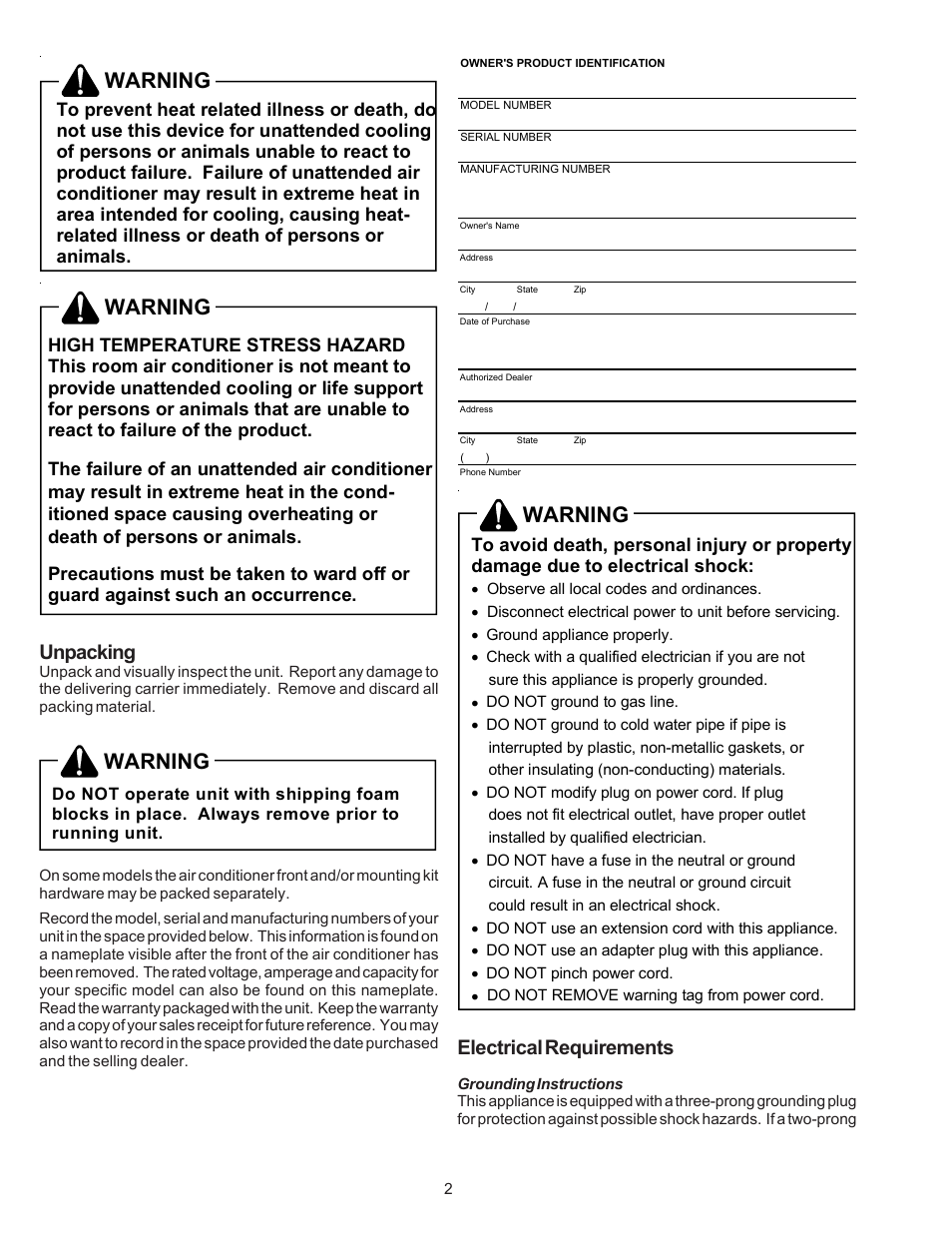 Warning, Electrical requirements, Unpacking | Soleus Air KC-30H / KC-35H User Manual | Page 4 / 22