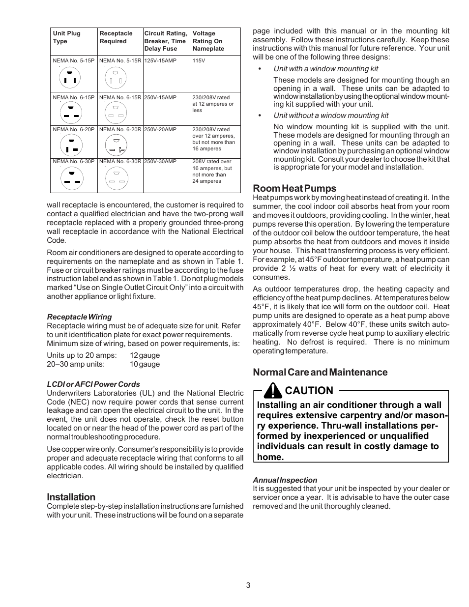 Caution, Installation, Room heat pumps | Normal care and maintenance | Soleus Air KC-30H / KC-35H User Manual | Page 5 / 22