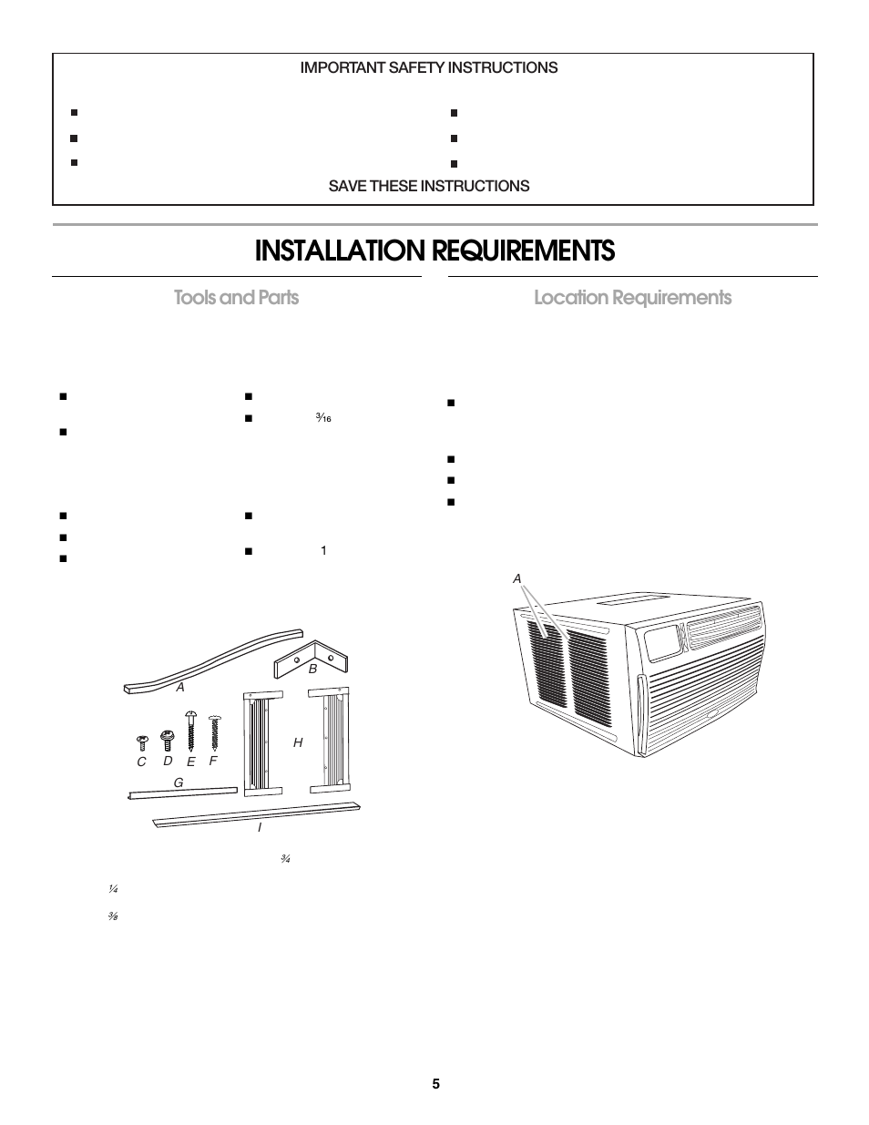 Installation requirements, Tools and parts, Location requirements | Important safety instructions warning, Save these instructions | Soleus Air KC-30H / KC-35H User Manual | Page 7 / 22