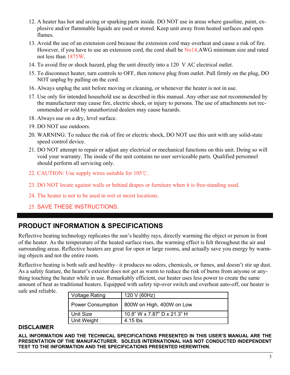 Product information & specifications, Disclaimer | Soleus Air 3077997 User Manual | Page 3 / 7