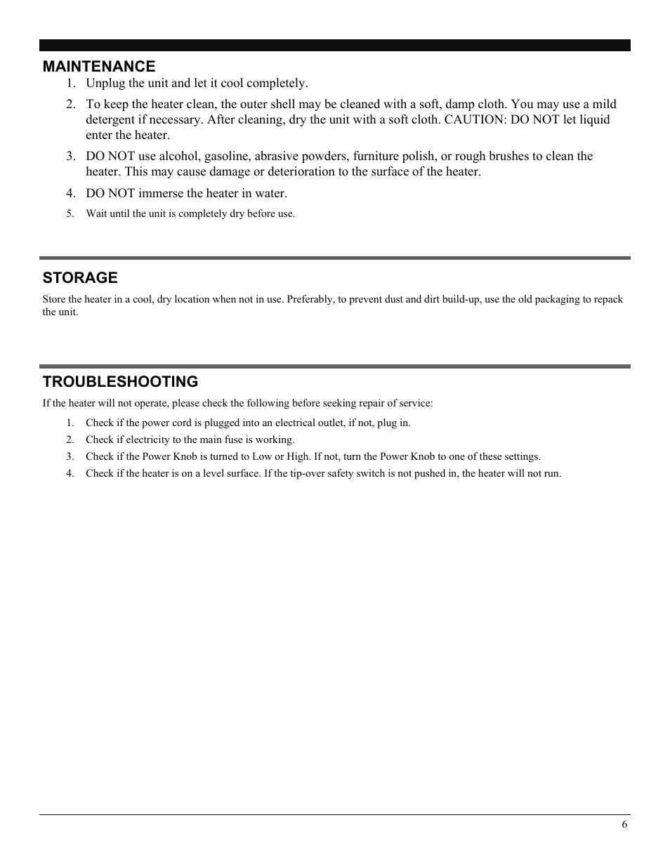 Storage, Troubleshooting, Maintenance | Soleus Air 3077997 User Manual | Page 6 / 7