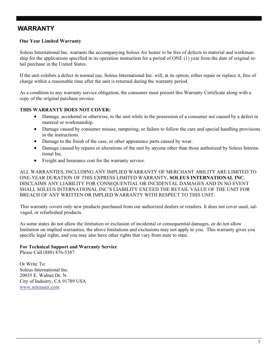 Warranty | Soleus Air 3077997 User Manual | Page 7 / 7