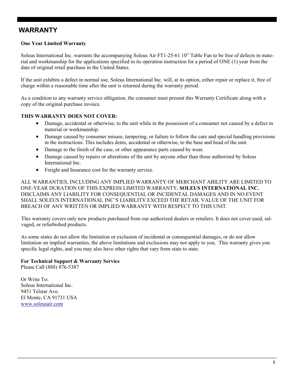 Warranty | Soleus Air FT1-25-61 User Manual | Page 8 / 8