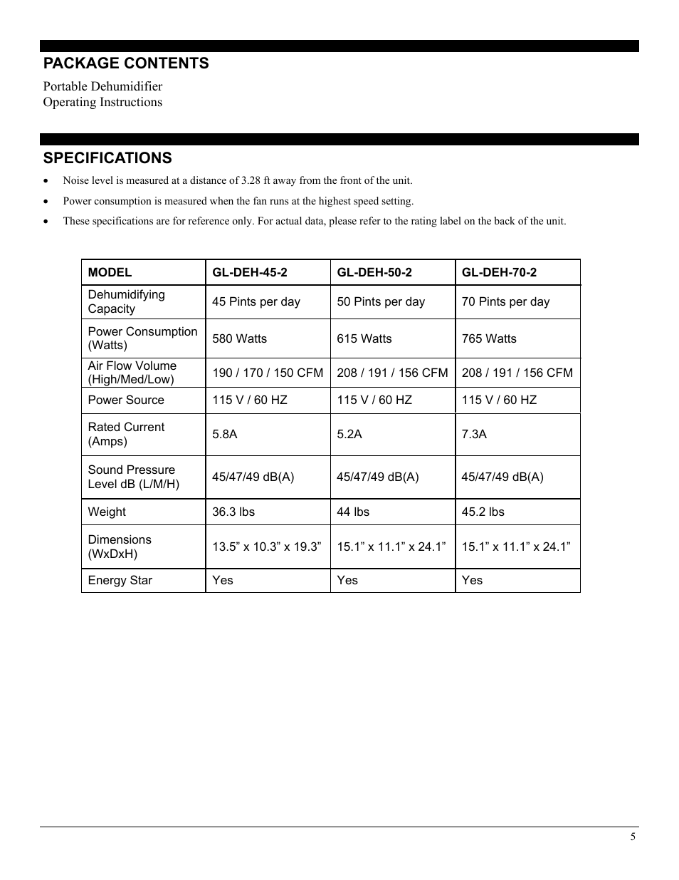 Specifications, Package contents | Soleus Air SoleusAir GL-DEH Portable Dehumidifier GL-DEH-45-2 User Manual | Page 5 / 11