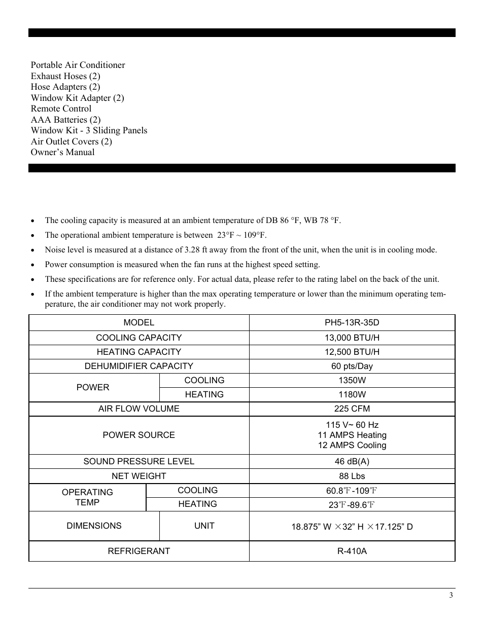 Specifications, Package contents | SoleusAir PH5-13R-35D User Manual | Page 3 / 16