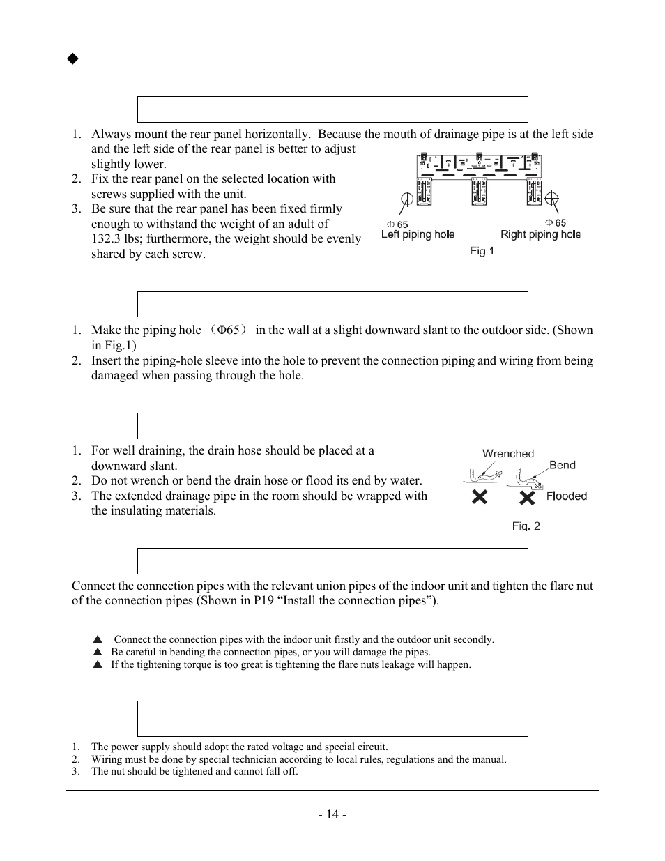 Installation, Install the rear panel, Install the piping hole | Install the drainage hose, Install the connection pipes | Soleus Air KFHHP-22-ID User Manual | Page 16 / 26