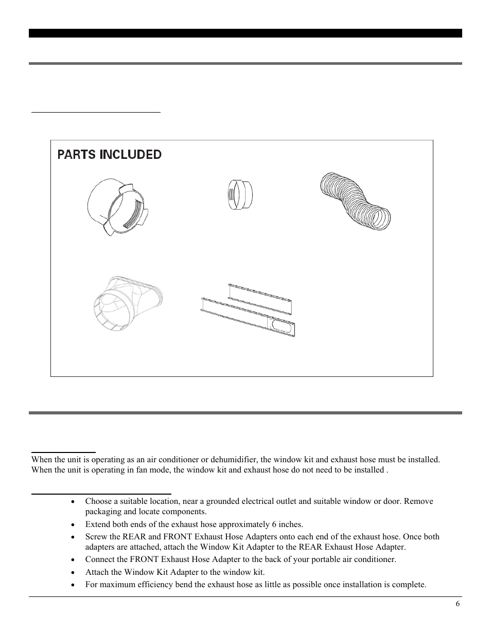 Exhaust hose & adapters, Installation, Mounting the exhaust hose | Parts & window kit assembly | Soleus Air 12 User Manual | Page 6 / 16