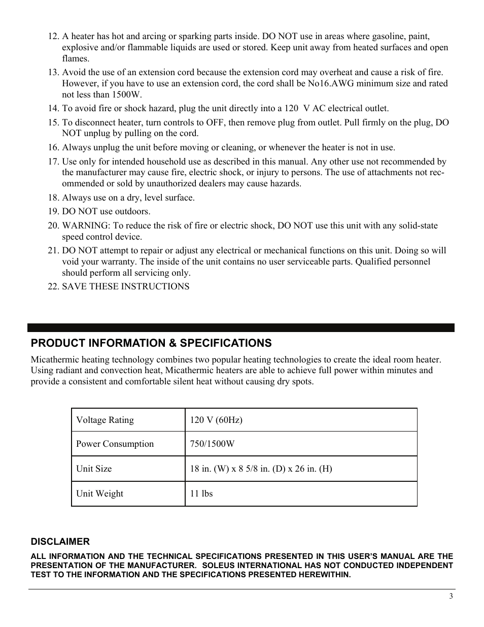 Product information & specifications, Disclaimer | Soleus Air HM2-15R-32 User Manual | Page 3 / 10