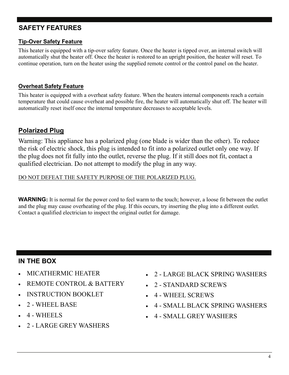 In the box, Micathermic heater, Remote control & battery | Instruction booklet, 2 - wheel base, 4 - wheels, 2 - large grey washers, Safety features, 2 - large black spring washers, 2 - standard screws | Soleus Air HM2-15R-32 User Manual | Page 4 / 10