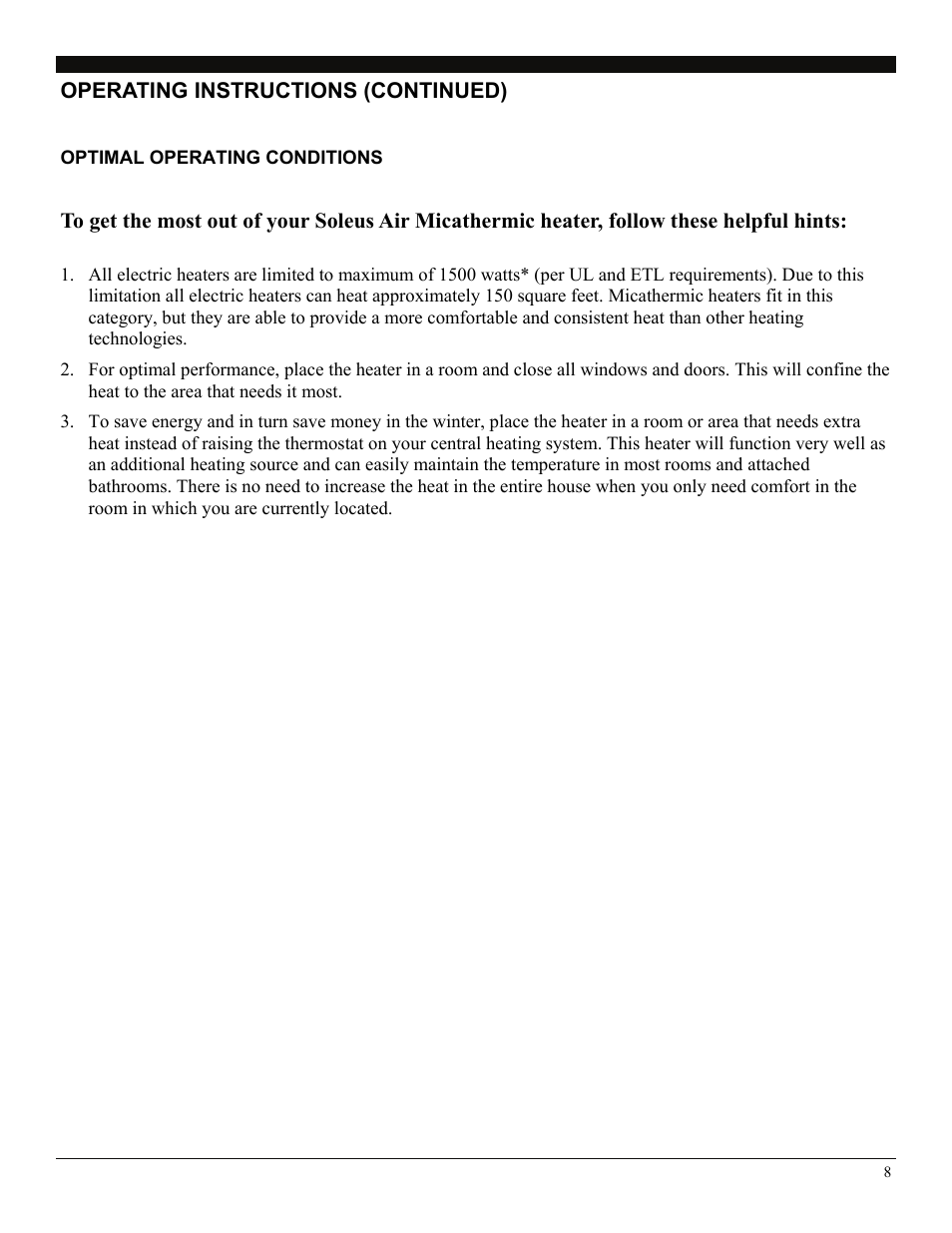 Operating instructions (continued), Optimal operating conditions | Soleus Air HM2-15R-32 User Manual | Page 8 / 10