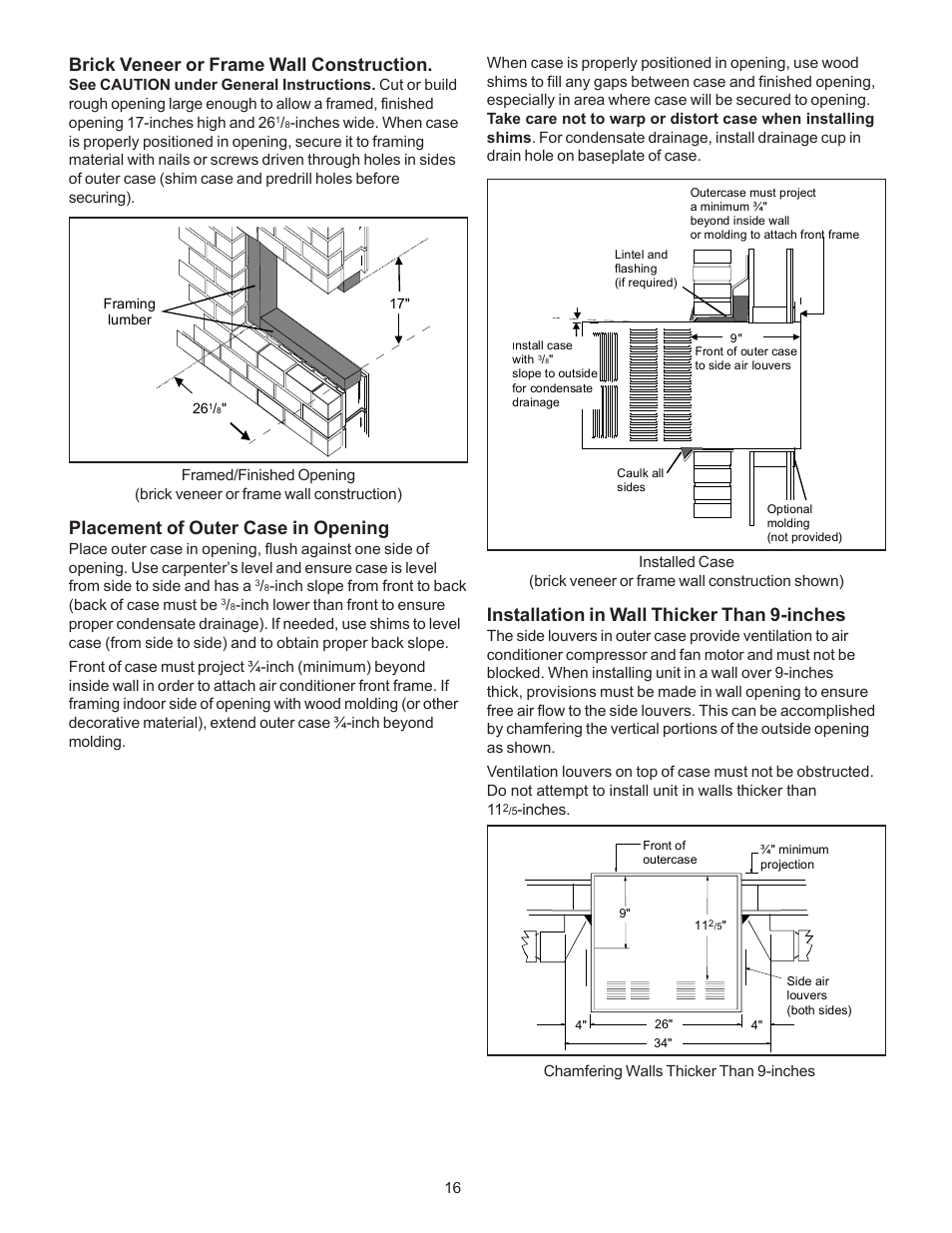 Brick veneer or frame wall construction, Placement of outer case in opening, Installation in wall thicker than 9-inches | Soleus Air KC-45H User Manual | Page 18 / 20