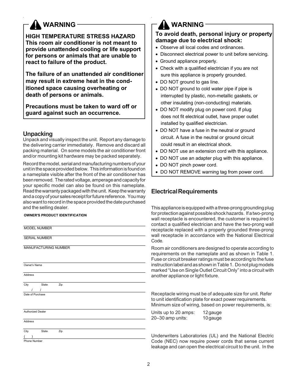 Warning, Electrical requirements, Unpacking | Soleus Air KC-45H User Manual | Page 4 / 20