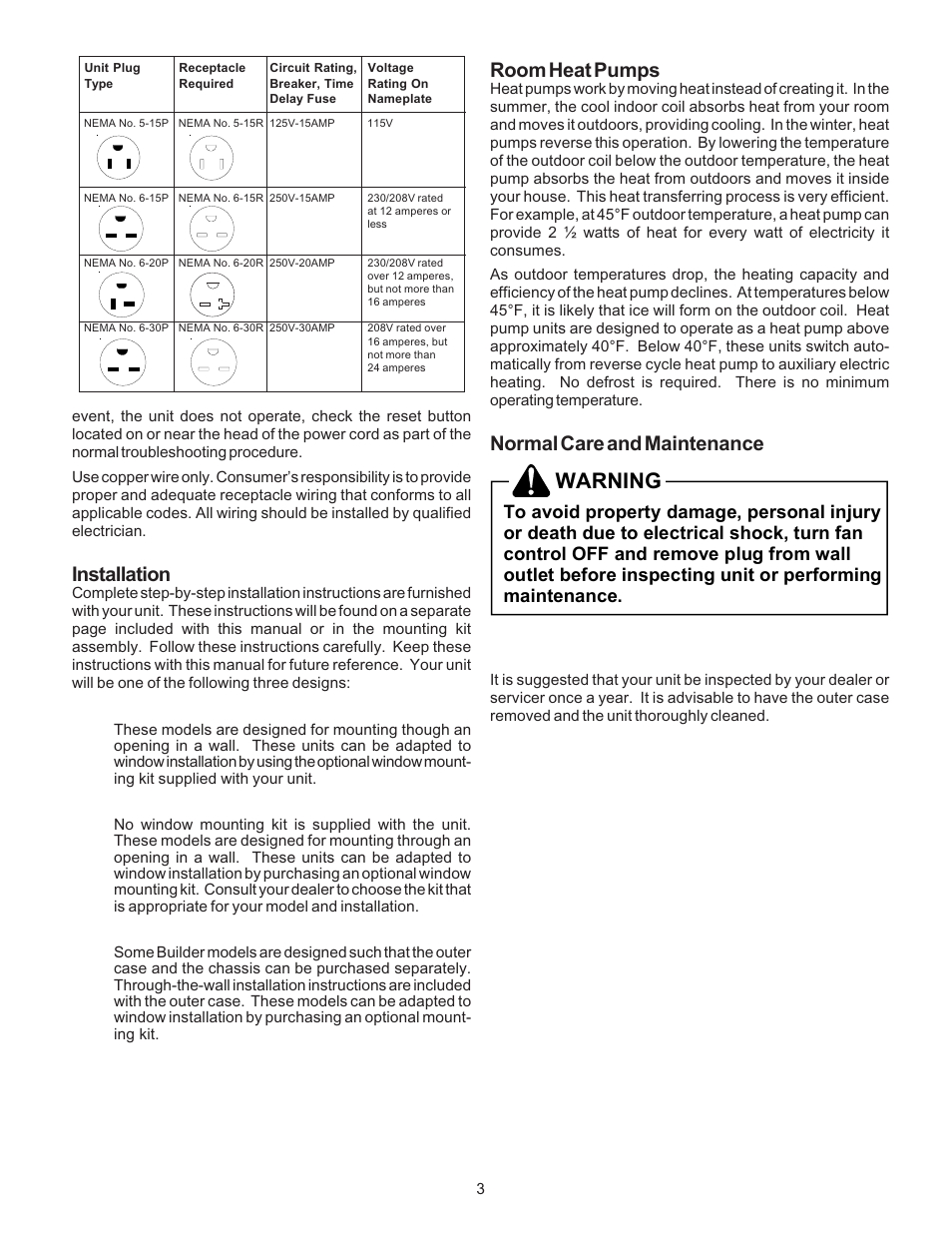 Warning, Installation, Room heat pumps | Normal care and maintenance | Soleus Air KC-45H User Manual | Page 5 / 20