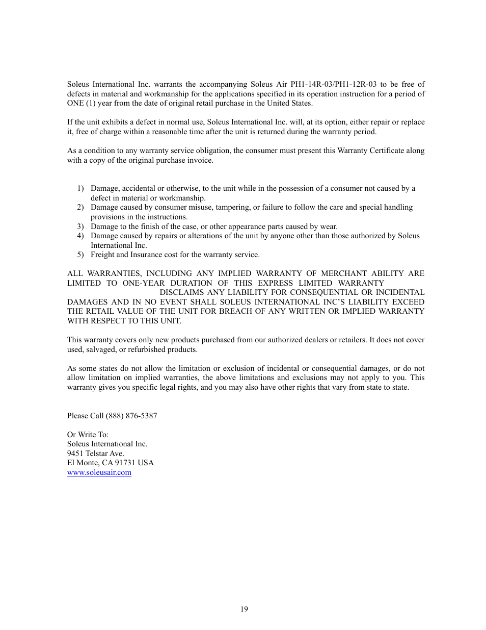 Warranty | Soleus Air PH1-14R-03 User Manual | Page 19 / 19