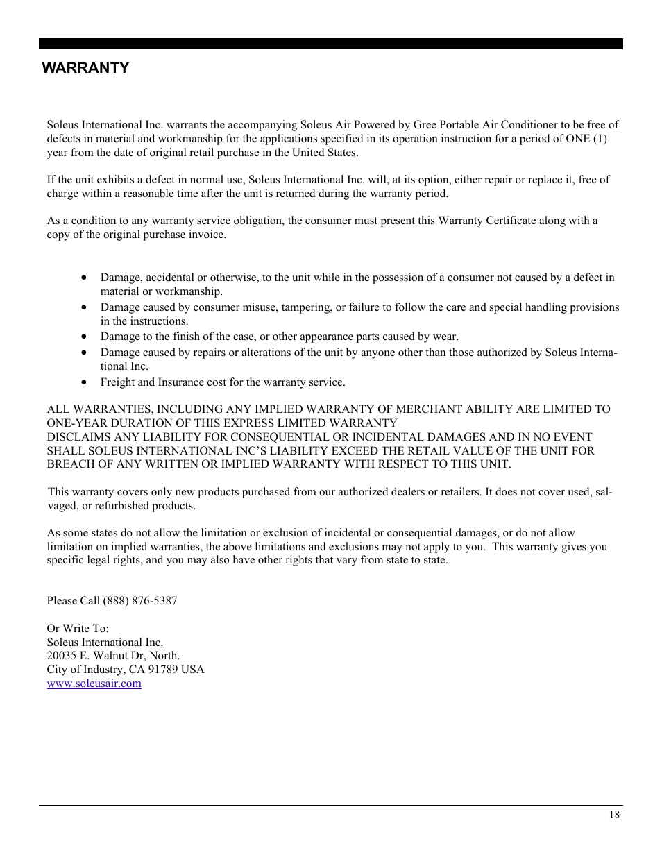 Warranty | Soleus Air 10 User Manual | Page 18 / 18