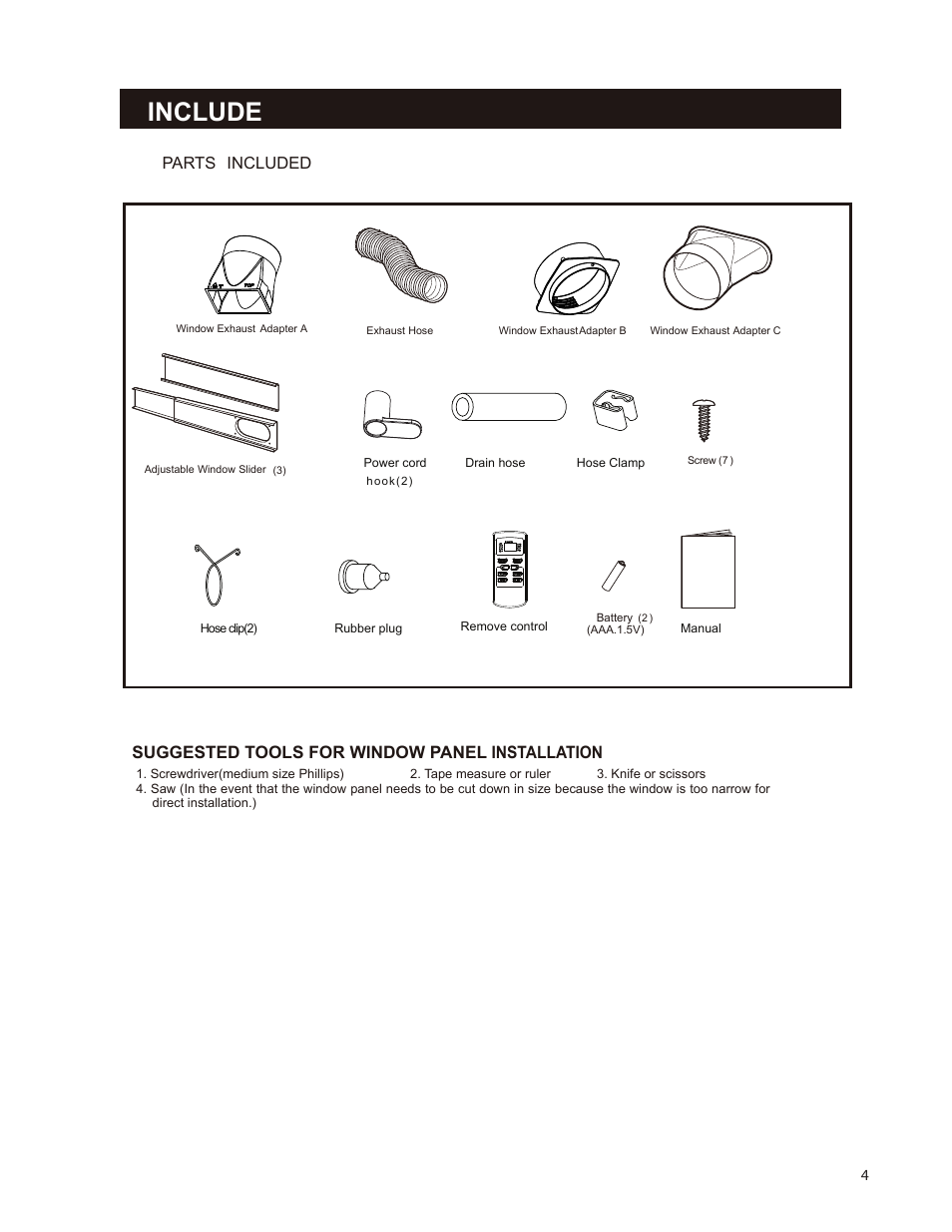 Include, Parts included, Suggested tools for window panel installation | Soleus Air 10 User Manual | Page 4 / 18