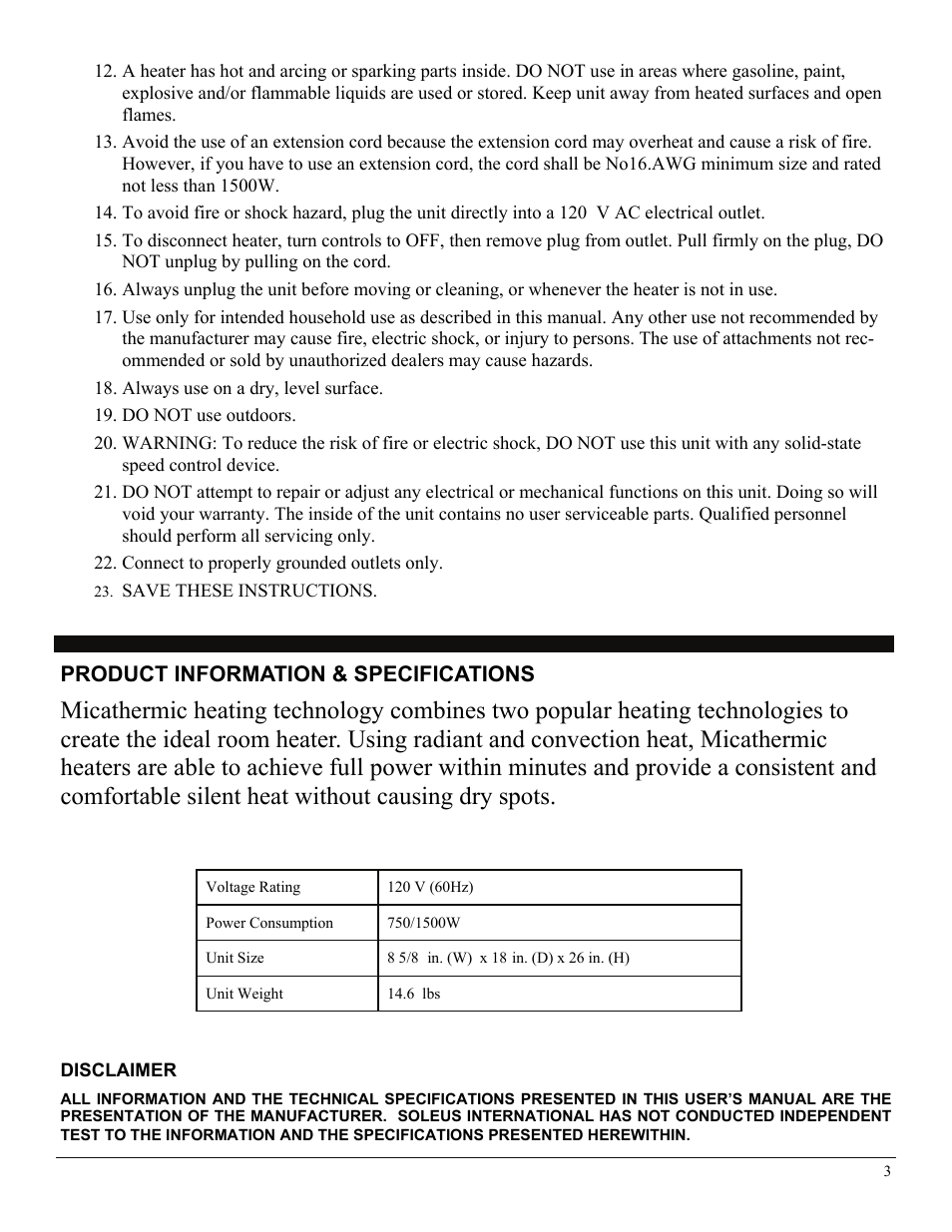 Product information & specifications, Disclaimer | Soleus Air HM4-15E-01 User Manual | Page 3 / 10