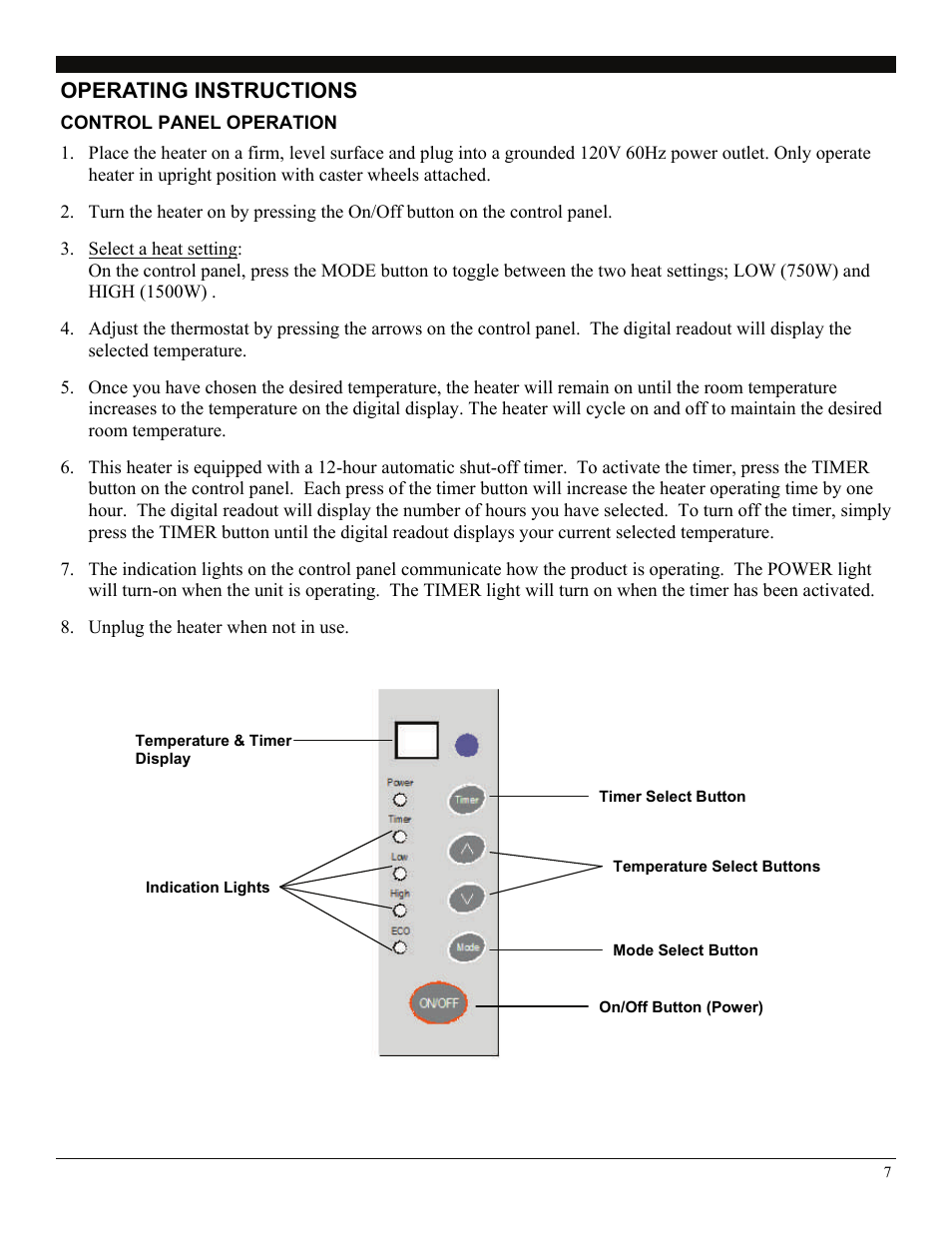 Operating instructions, Control panel operation | Soleus Air HM4-15E-01 User Manual | Page 7 / 10