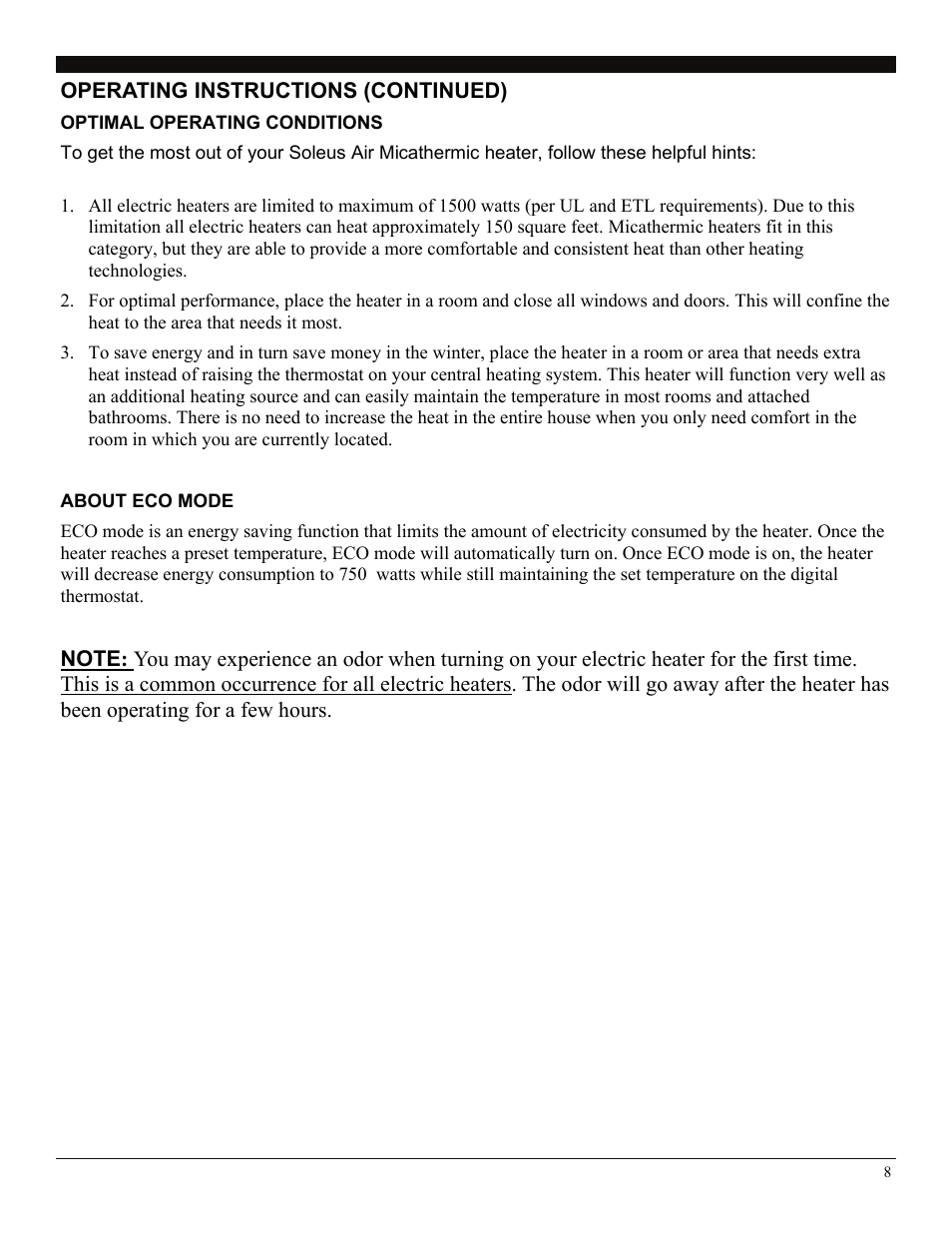 Operating instructions (continued), Optimal operating conditions, About eco mode | Soleus Air HM4-15E-01 User Manual | Page 8 / 10