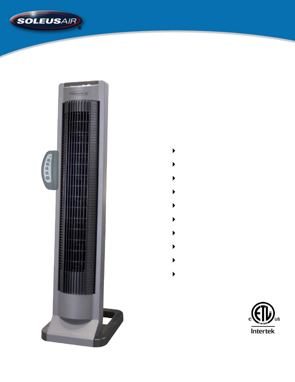 Soleus Air 35" Tower Fan With Remote Control FC3-35R-12 User Manual | 8 pages