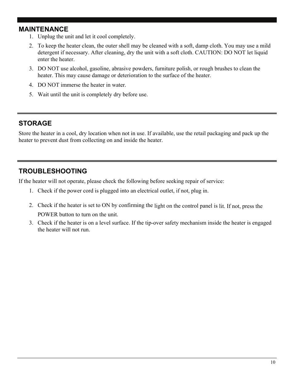 Storage, Troubleshooting | Soleus Air HGW-308 User Manual | Page 10 / 11