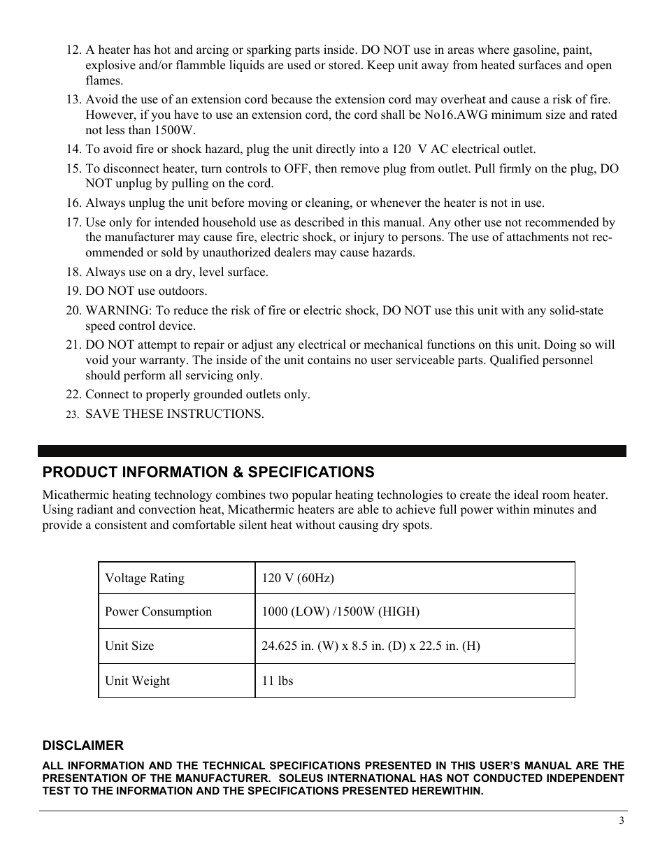 Product information & specifications, Disclaimer | Soleus Air HGW-308 User Manual | Page 3 / 11