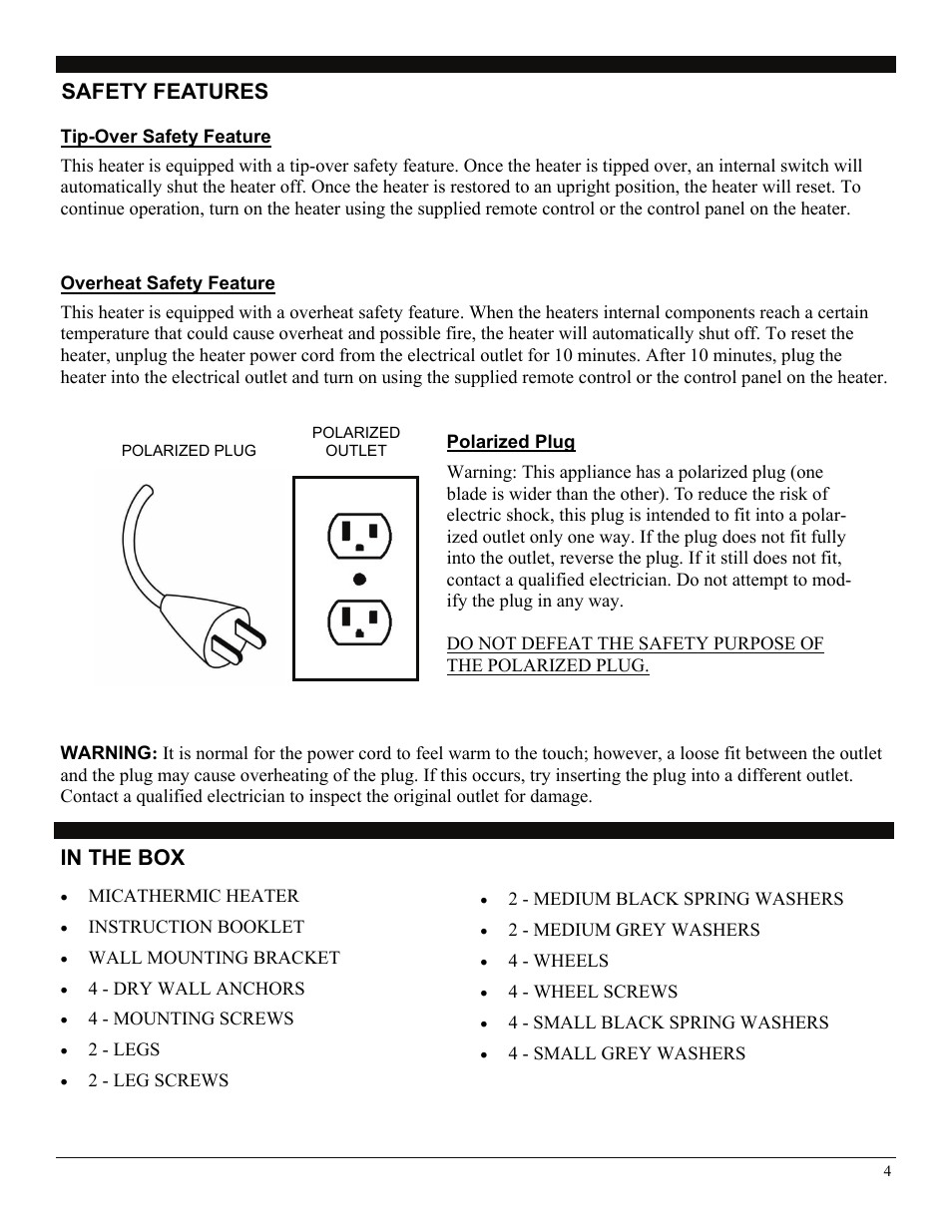 2 - medium black spring washers, 2 - medium grey washers, 4 - wheels | 4 - wheel screws, 4 - small black spring washers, 4 - small grey washers, In the box, Micathermic heater, Instruction booklet, Wall mounting bracket | Soleus Air HGW-308 User Manual | Page 4 / 11