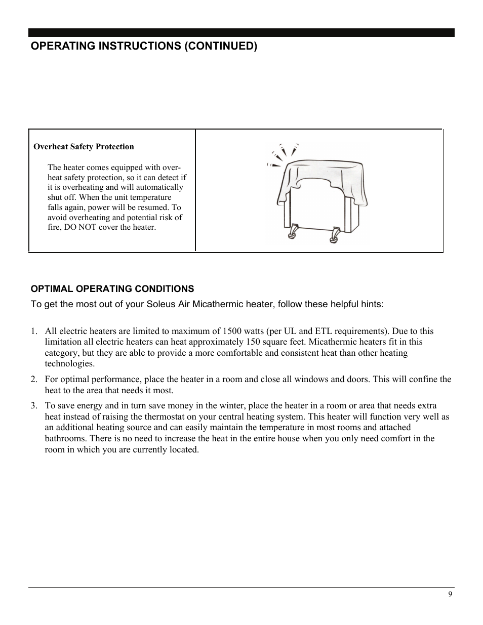 Operating instructions (continued), Optimal operating conditions | Soleus Air HGW-308 User Manual | Page 9 / 11