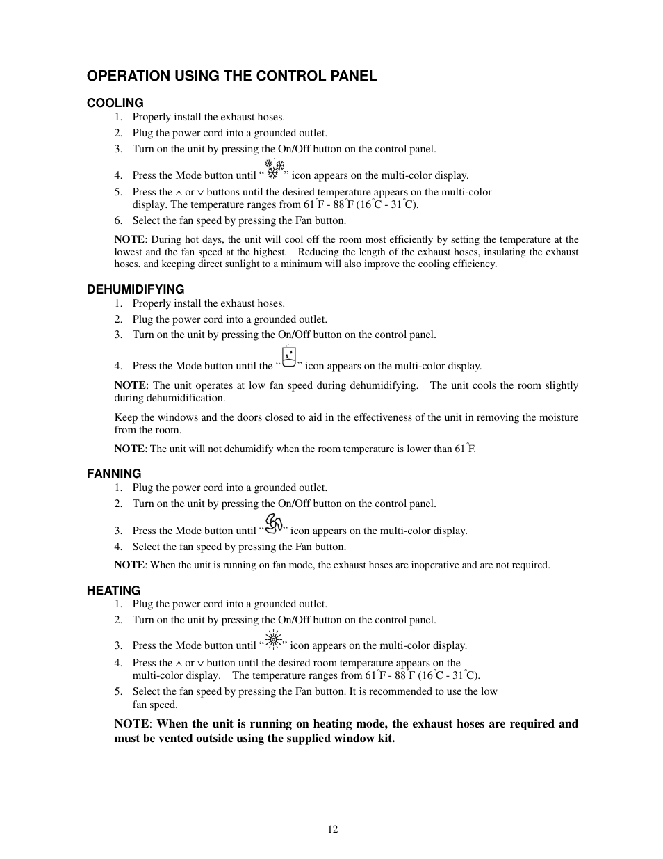 Operation using the control panel | Soleus Air PH1-12R-03 User Manual | Page 12 / 19