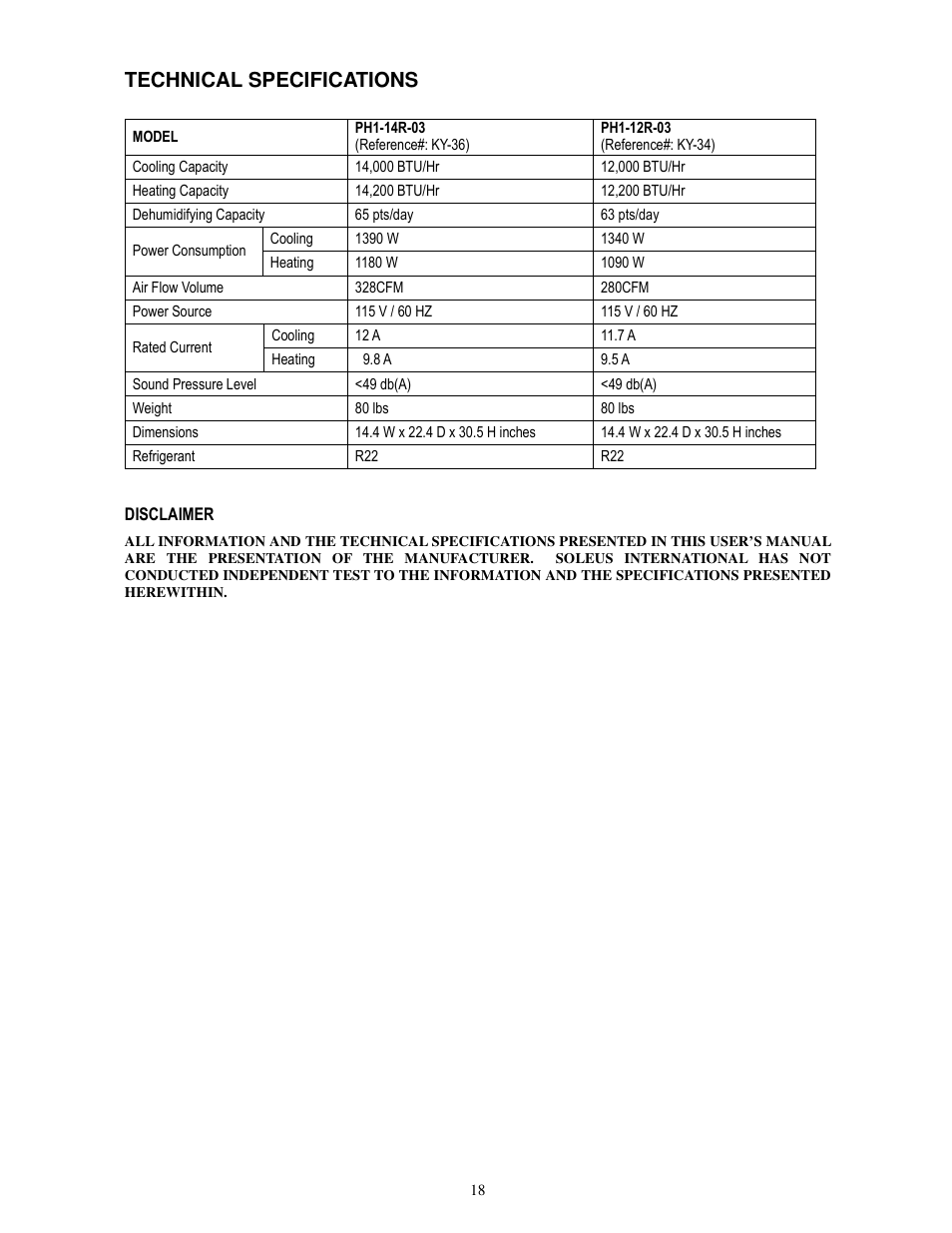 Technical specifications | Soleus Air PH1-12R-03 User Manual | Page 18 / 19
