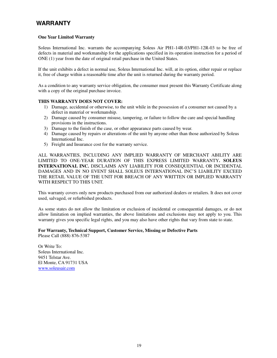 Warranty | Soleus Air PH1-12R-03 User Manual | Page 19 / 19