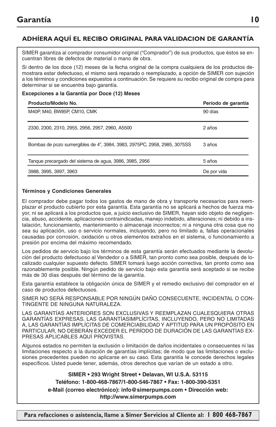 Garantía 10 | Simer Pumps 2105 User Manual | Page 10 / 12
