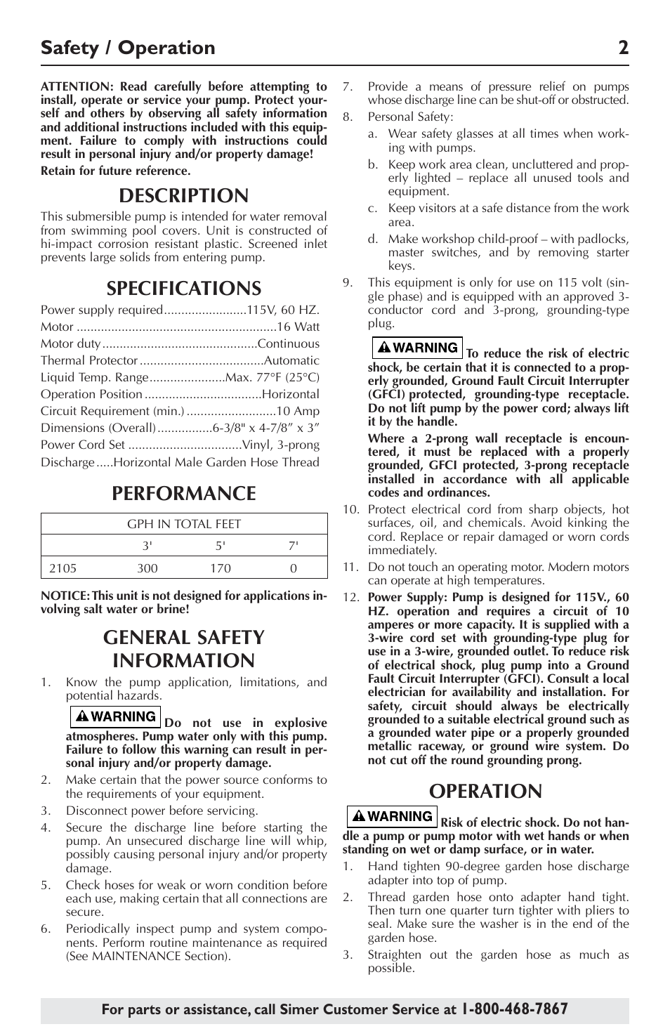 Safety / operation 2, Description, Specifications | Performance, General safety information, Operation | Simer Pumps 2105 User Manual | Page 2 / 12