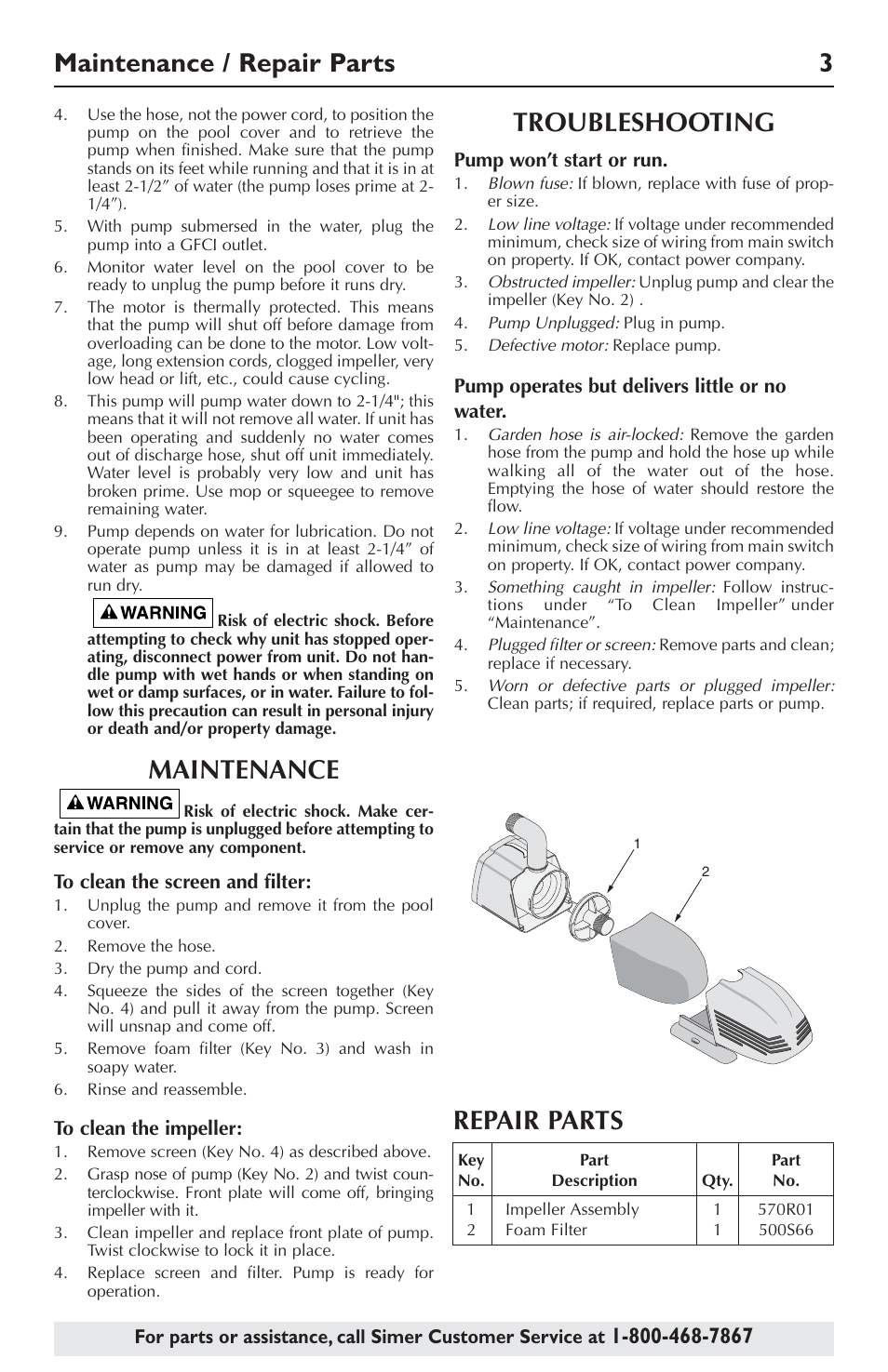 Maintenance / repair parts 3, Maintenance, Troubleshooting | Repair parts | Simer Pumps 2105 User Manual | Page 3 / 12