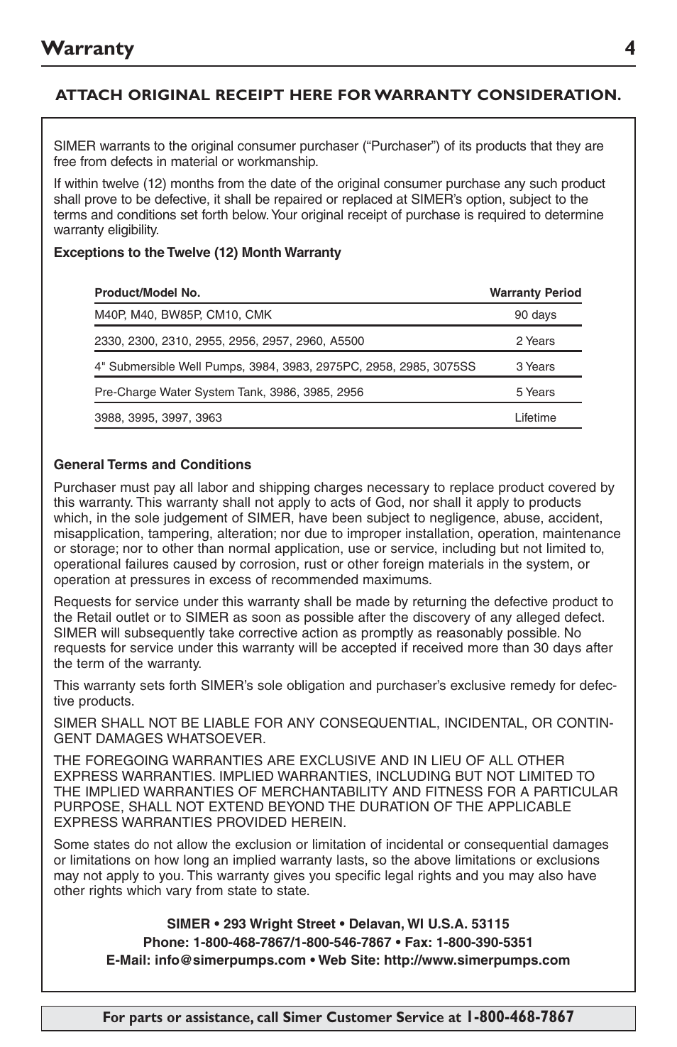 Warranty 4 | Simer Pumps 2105 User Manual | Page 4 / 12