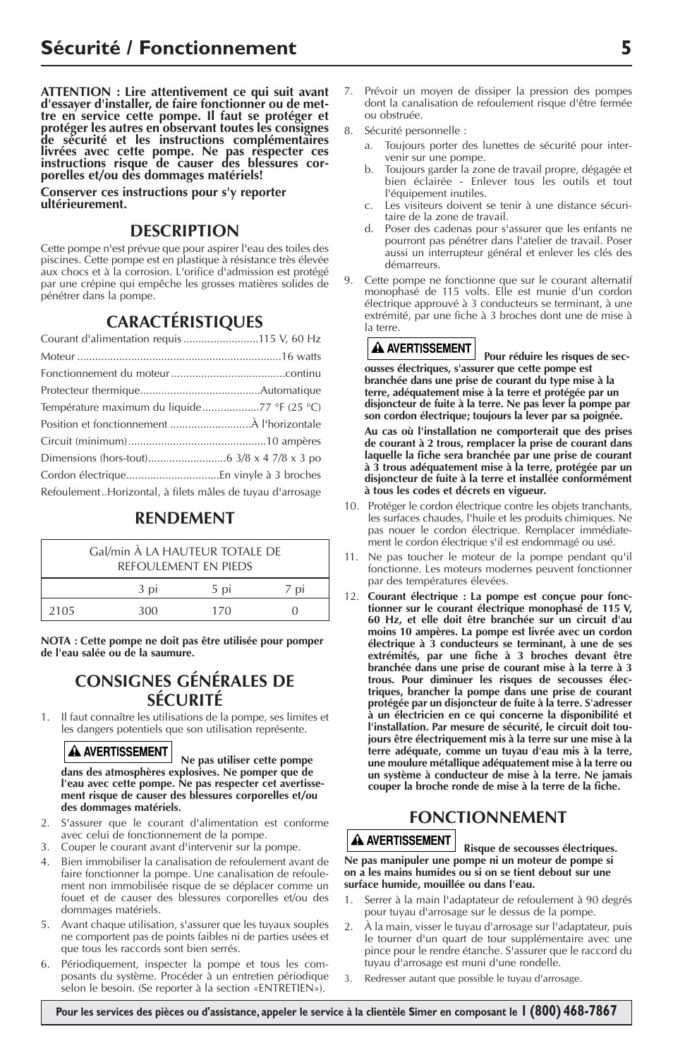 Sécurité / fonctionnement 5, Description, Caractéristiques | Rendement, Consignes générales de sécurité, Fonctionnement | Simer Pumps 2105 User Manual | Page 5 / 12