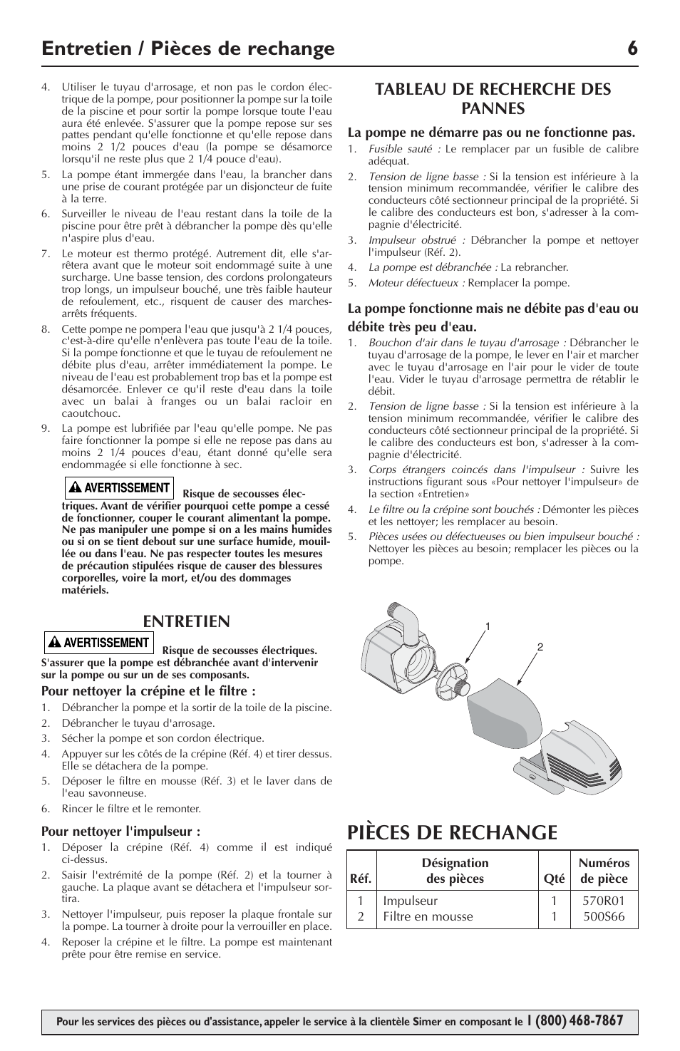 Entretien / pièces de rechange 6, Pièces de rechange, Entretien | Tableau de recherche des pannes | Simer Pumps 2105 User Manual | Page 6 / 12