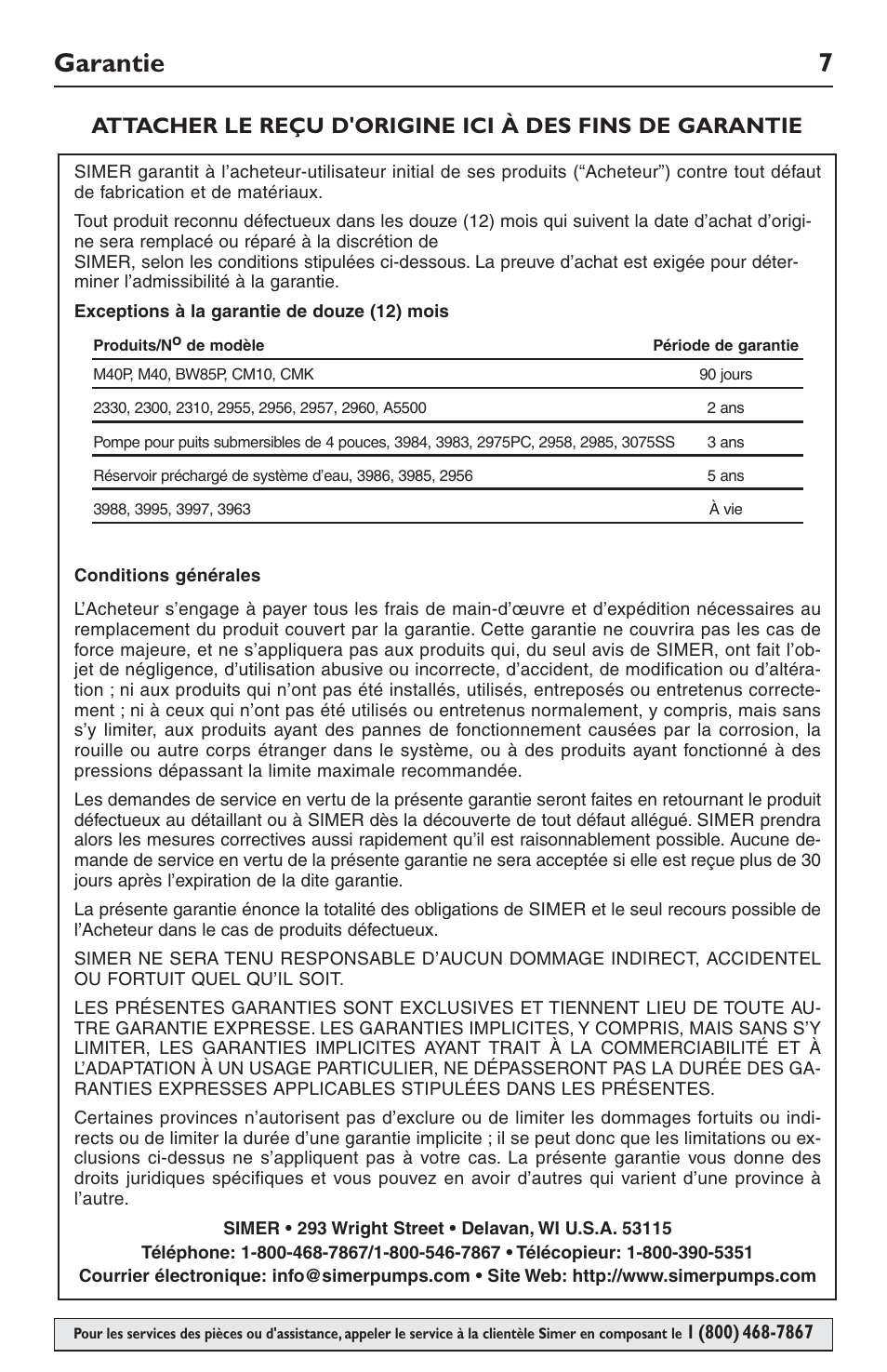 Garantie 7 | Simer Pumps 2105 User Manual | Page 7 / 12