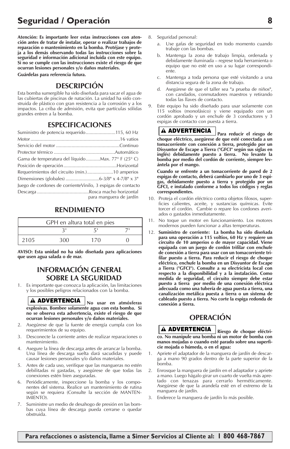 Seguridad / operación 8, Descripción, Especificaciones | Rendimiento, Información general sobre la seguridad, Operación | Simer Pumps 2105 User Manual | Page 8 / 12