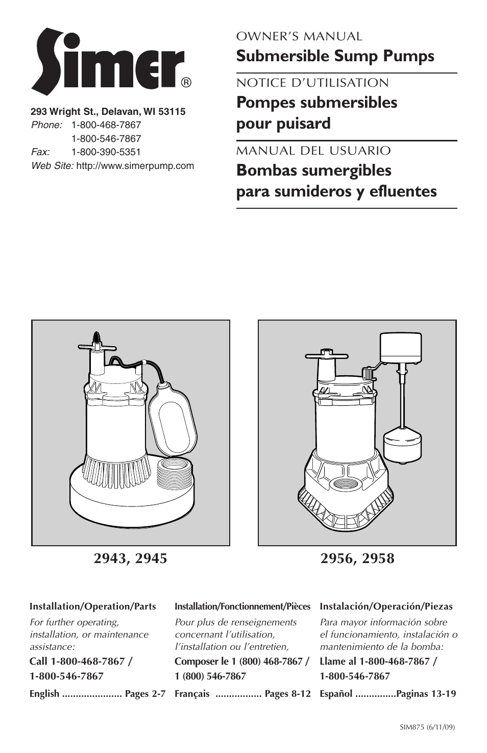 Simer Pumps 2943 User Manual | 20 pages