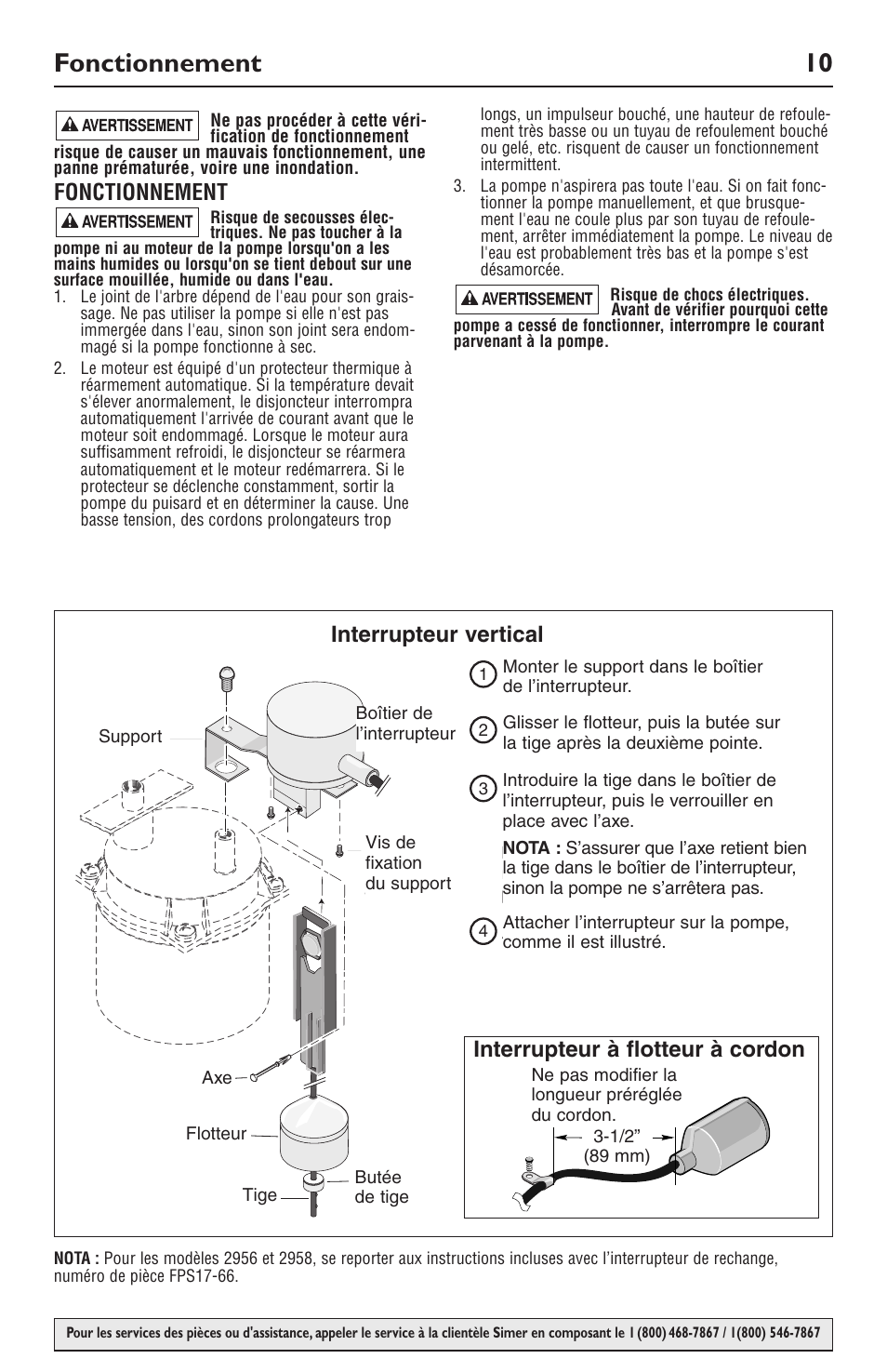 Fonctionnement 10, Fonctionnement, Interrupteur vertical | Interrupteur à flotteur à cordon | Simer Pumps 2943 User Manual | Page 10 / 20