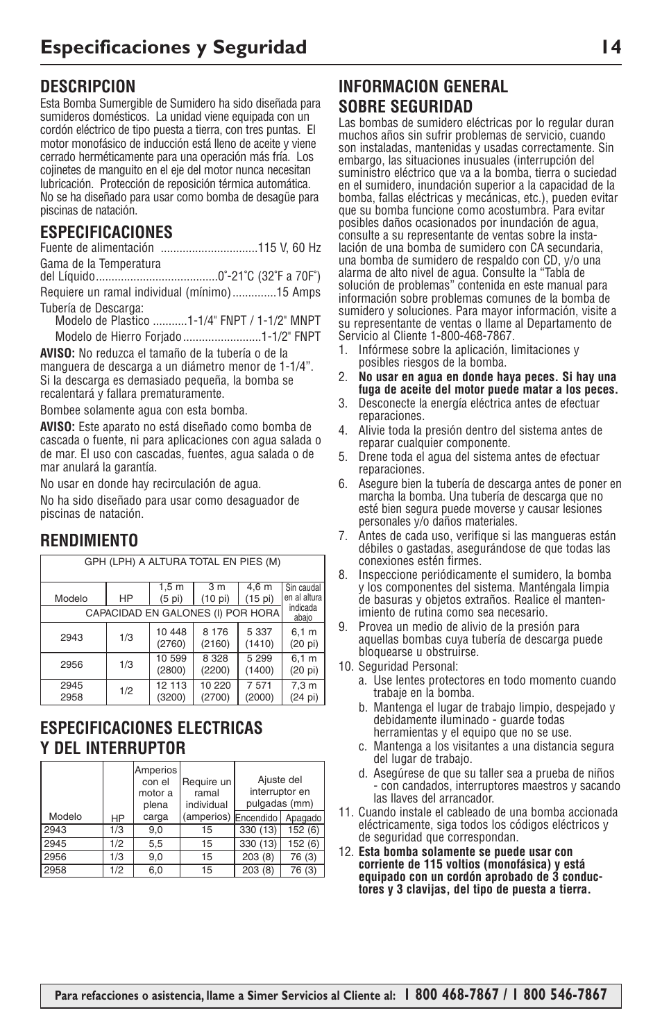 Especificaciones y seguridad 14, Especificaciones | Simer Pumps 2943 User Manual | Page 14 / 20