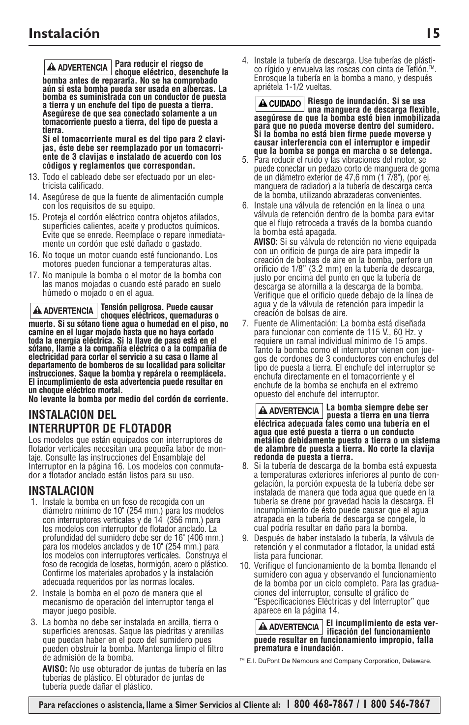 Instalación 15, Instalacion del interruptor de flotador, Instalacion | Simer Pumps 2943 User Manual | Page 15 / 20