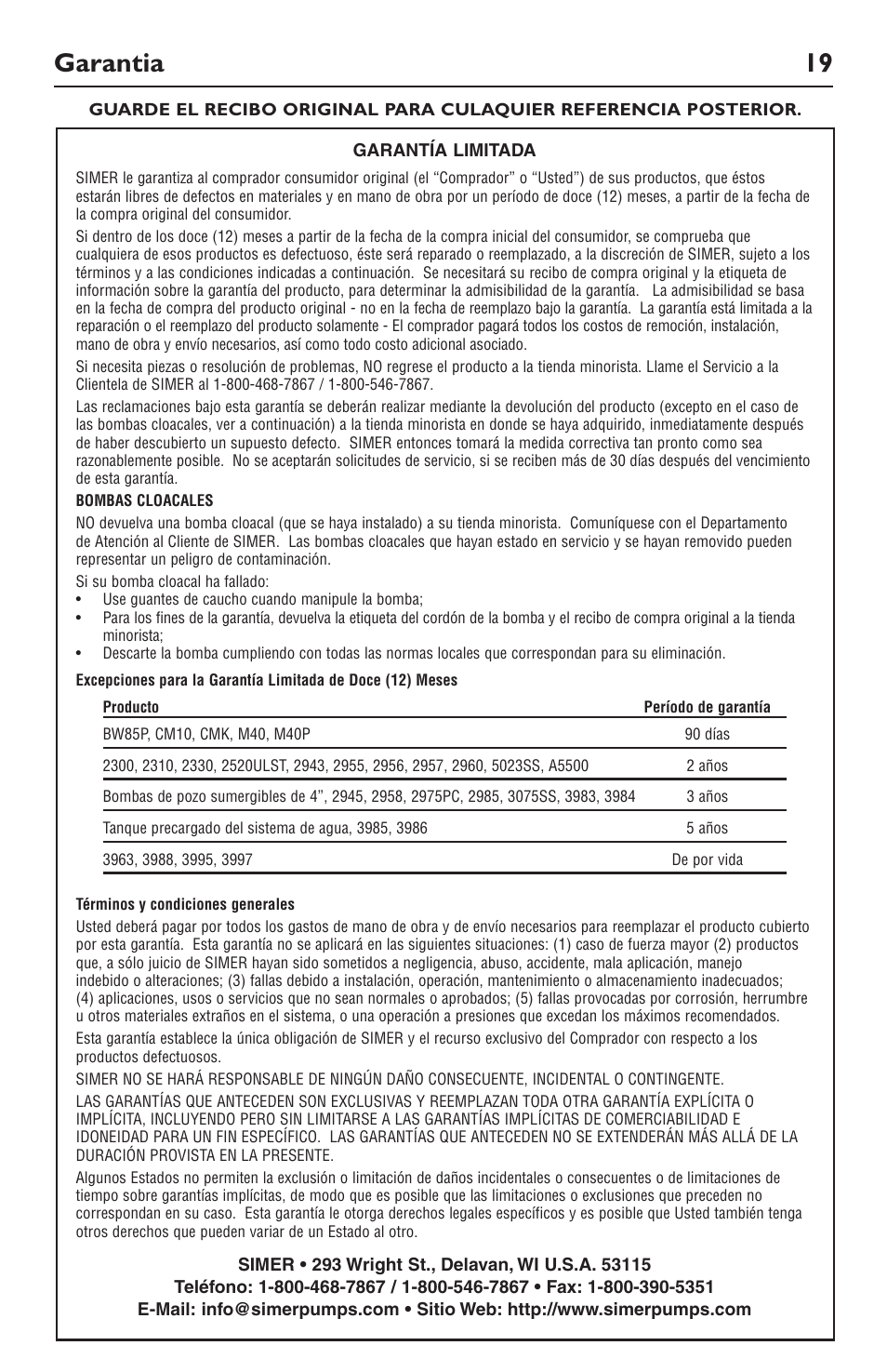 Garantia 19 | Simer Pumps 2943 User Manual | Page 19 / 20